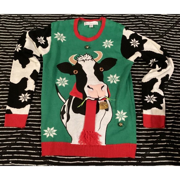 Jolly Sweaters Ugly Christmas Sweater Size Small Green Cow Jingle Bells Top - Picture 1 of 11